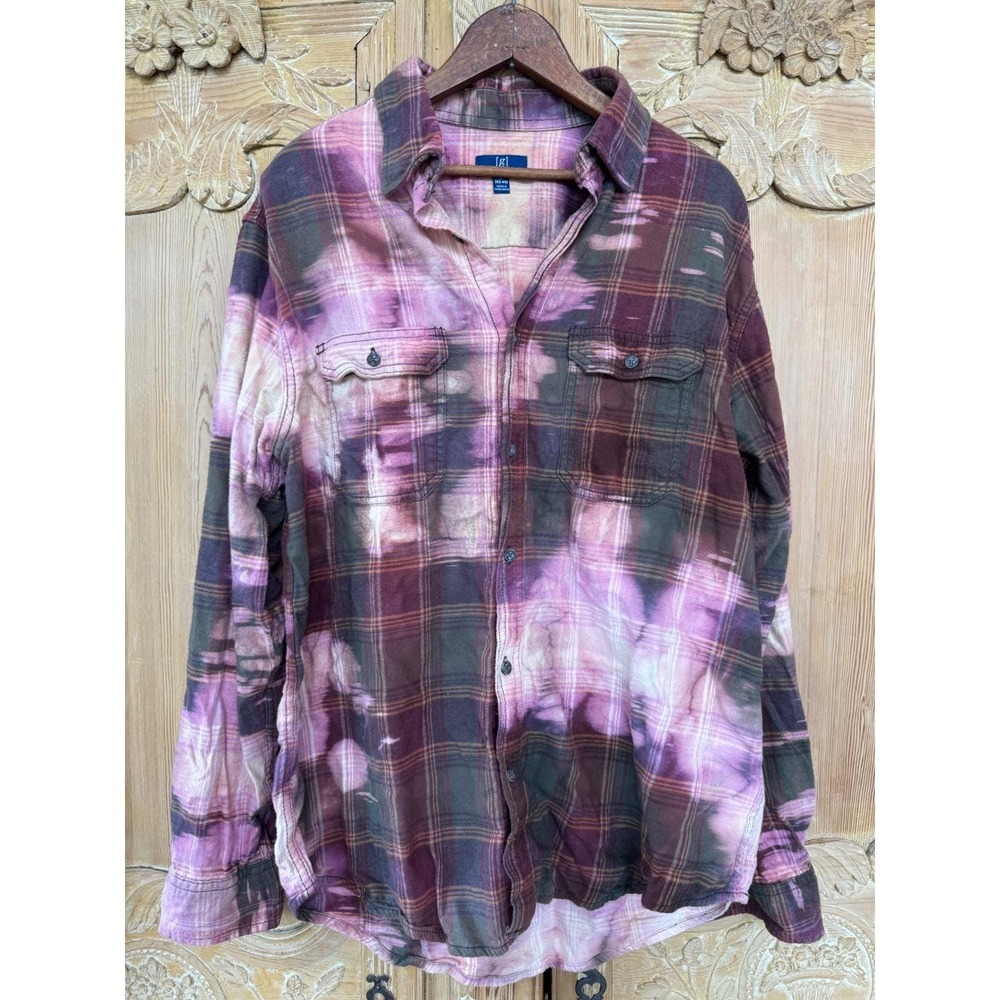 Upcycled Flannel Shirt Angry Cat Patch Grunge Art Large - Picture 4 of 7